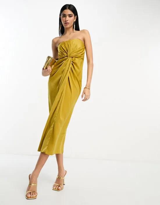 satin bandeau twist front midi dress in gold
