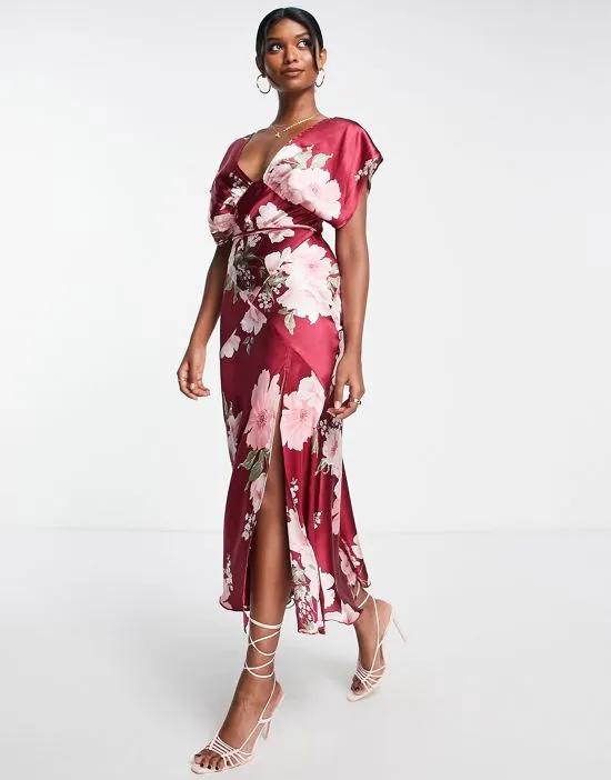 satin batwing midi dress with slit in pink vintage floral