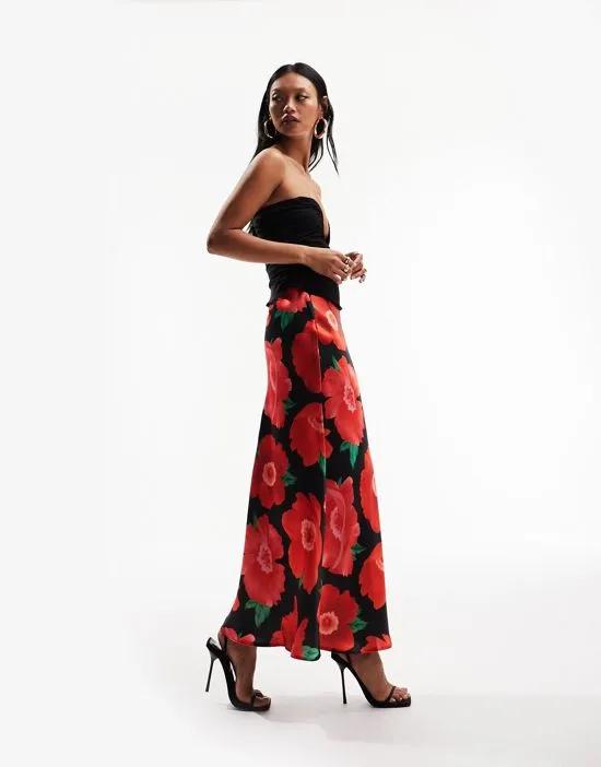 satin bias cut midi skirt in bold poppy floral print