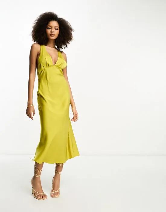 satin bias cut plunge racer back midi dress in moss green