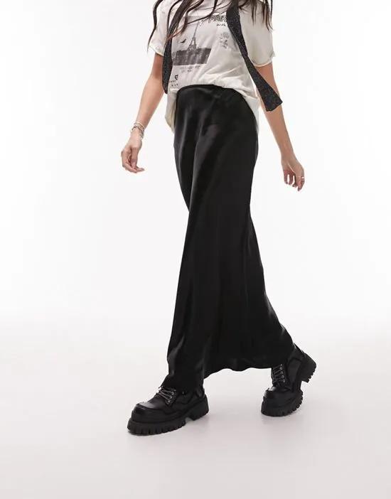 satin bias maxi skirt in black