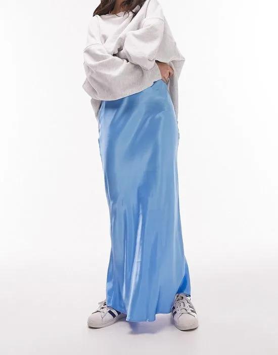 satin bias maxi skirt in blue