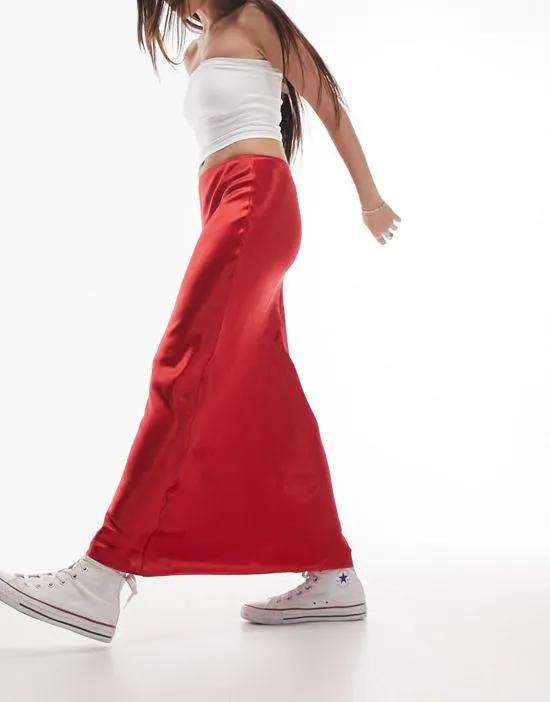 satin bias maxi skirt in deep red