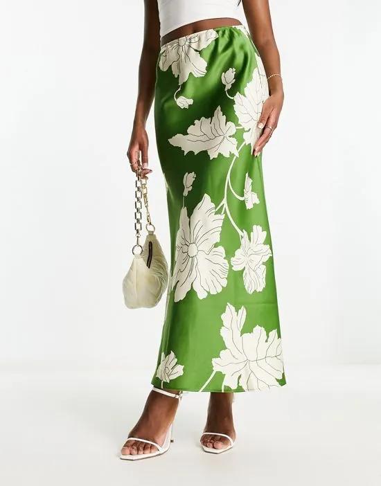 satin bias maxi skirt in graphic green floral print