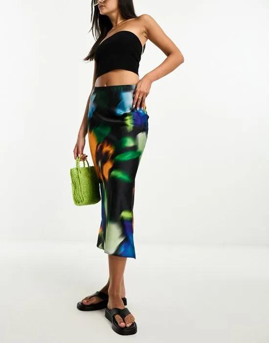 satin bias midi skirt in abstract print
