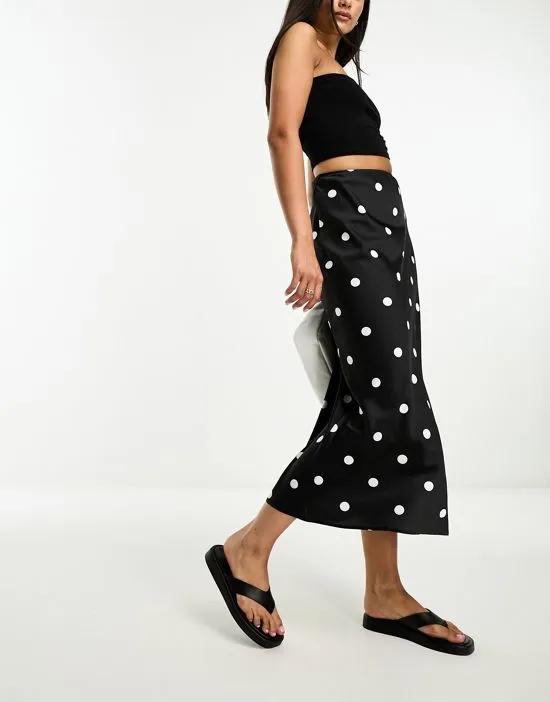 satin bias midi skirt in mono polka dot