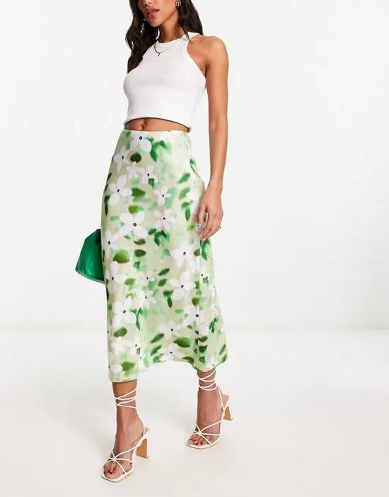 satin bias midi skirt in sage green floral print