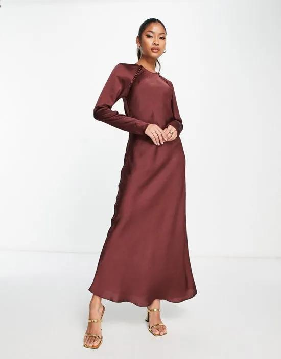satin biased maxi dress with button detail in oxblood
