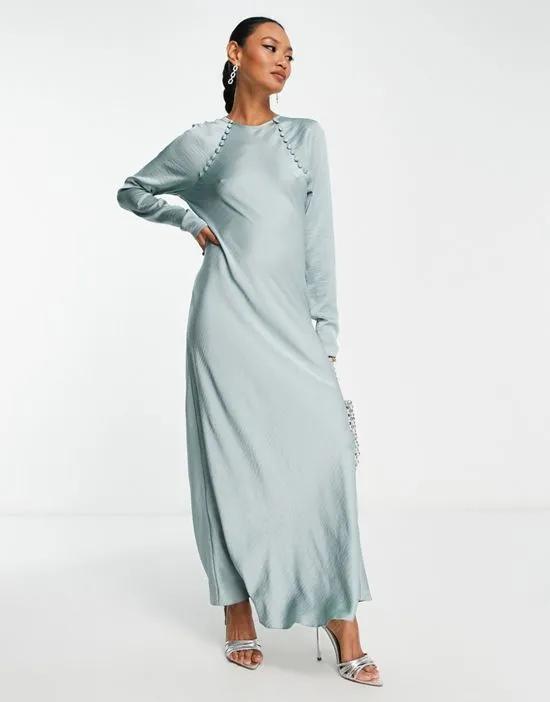 satin biased maxi dress with button detail in silver blue