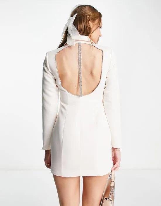 satin blazer dress with cut out back diamante trim detail in cream