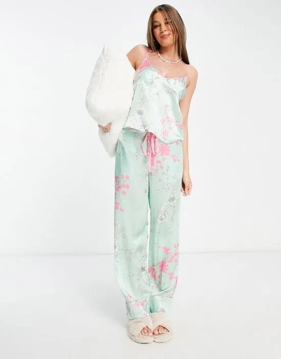satin blossom cami pajama set in mint and pink