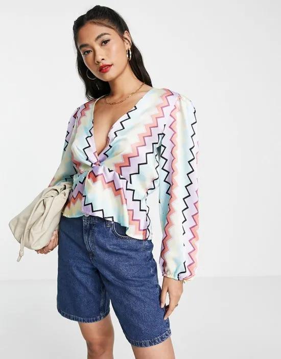 satin blouse with twist front in pastel zig zag print - part of a set
