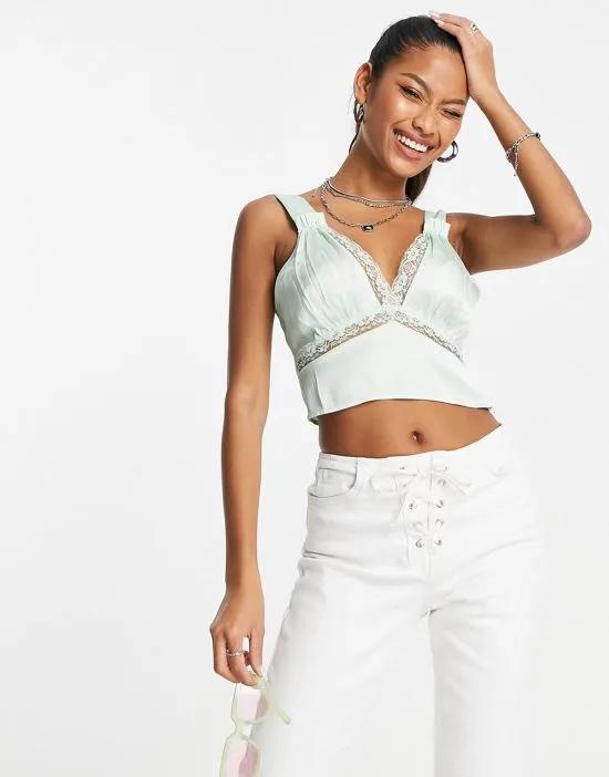 satin bralet with pretty lace trim in sage