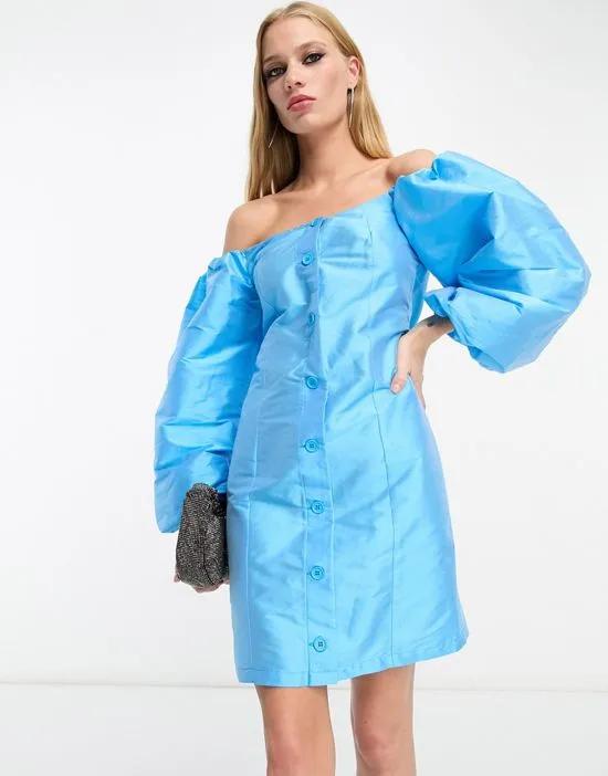 satin button up puff sleeve bardot mini dress in bright blue