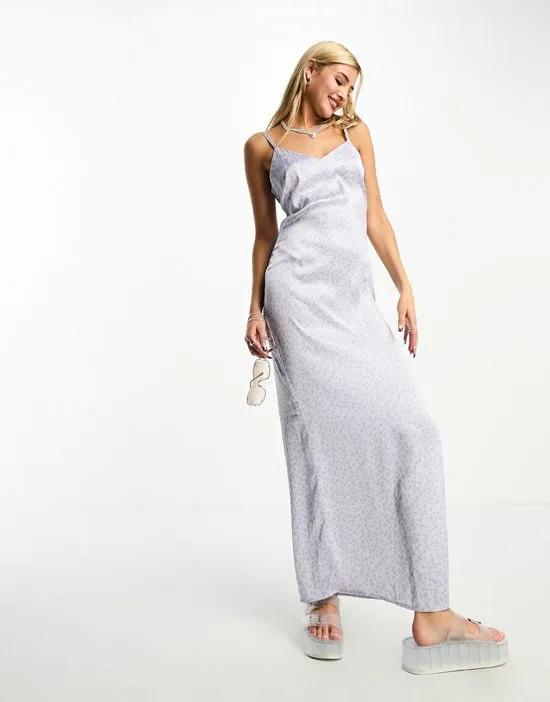 satin cami maxi dress with side slit in lilac ditsy floral