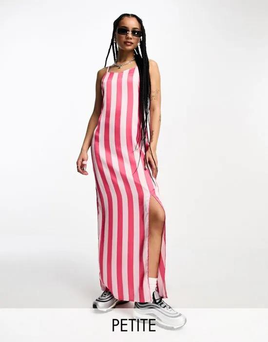 satin cami maxi dress with side split in pink stripe