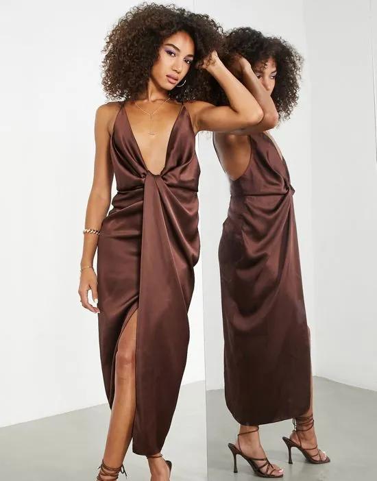 satin cami midi dress with drape wrap skirt in chocolate brown