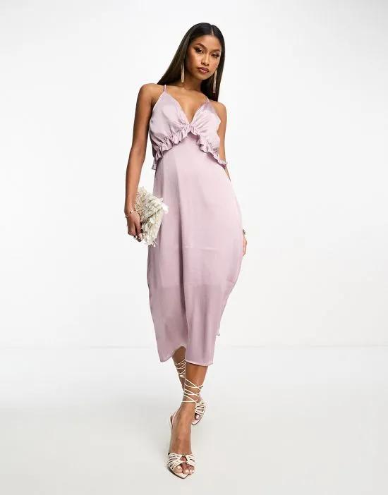 satin cami midi dress with frill detail in rich silver lilac