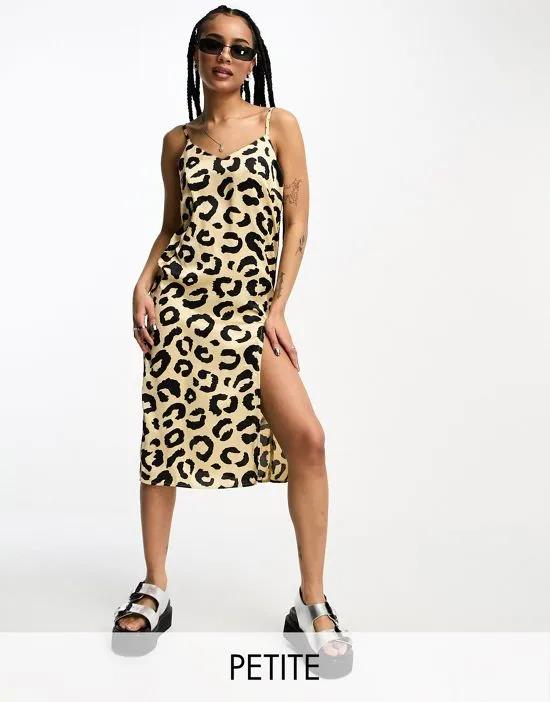 satin cami midi dress with side slit in leopard print