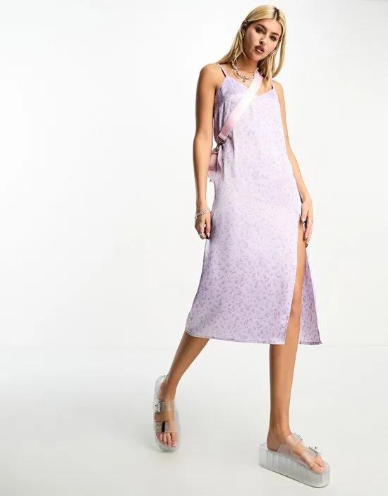 satin cami midi dress with side slit in lilac ditsy floral print