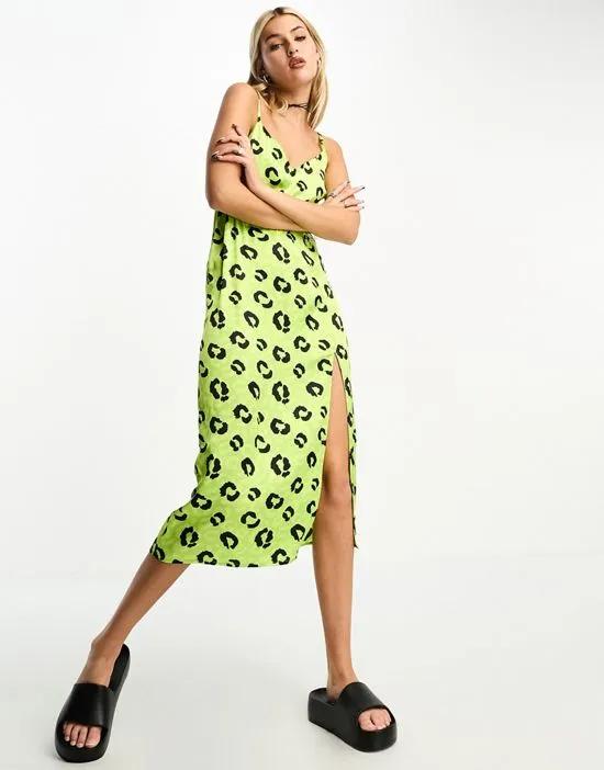 satin cami midi dress with side slit in lime abstract leopard