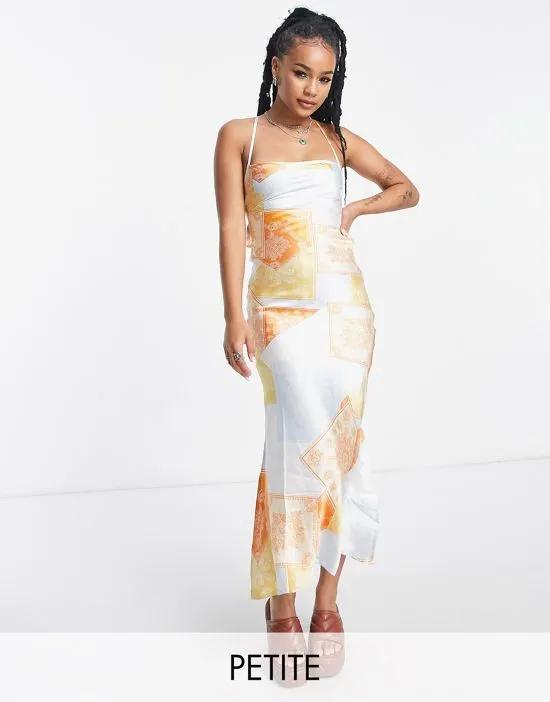 satin cami midi dress with strappy back in patchwork print