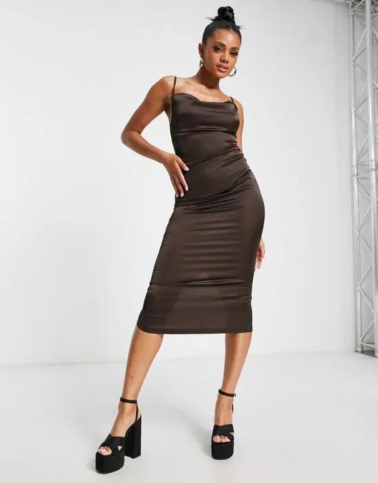 satin cami strap midi dress with cowl neck in chocolate brown