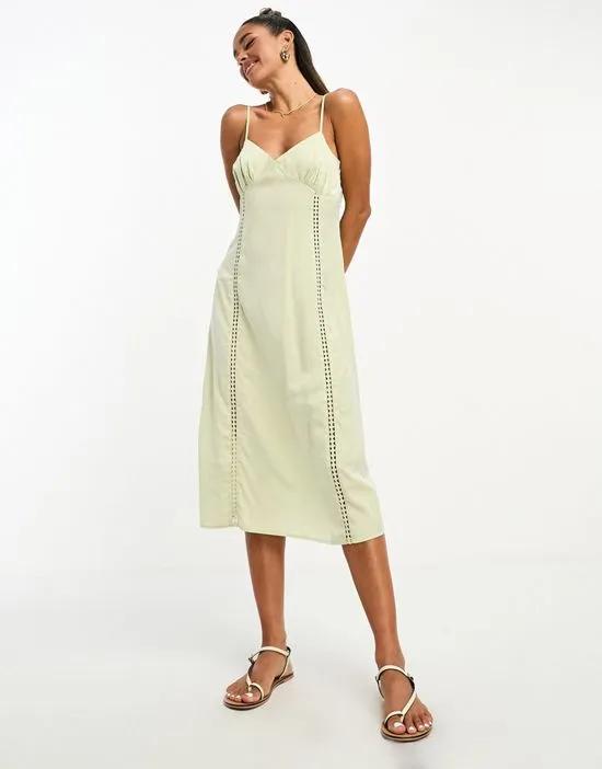 satin cami strap midi dress with cut out detail in sage