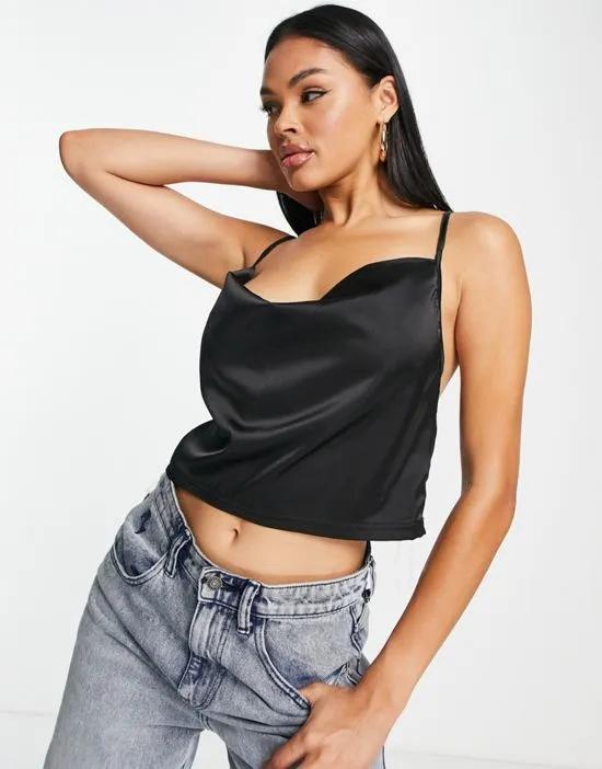 satin cami strap top with cowl neck in black