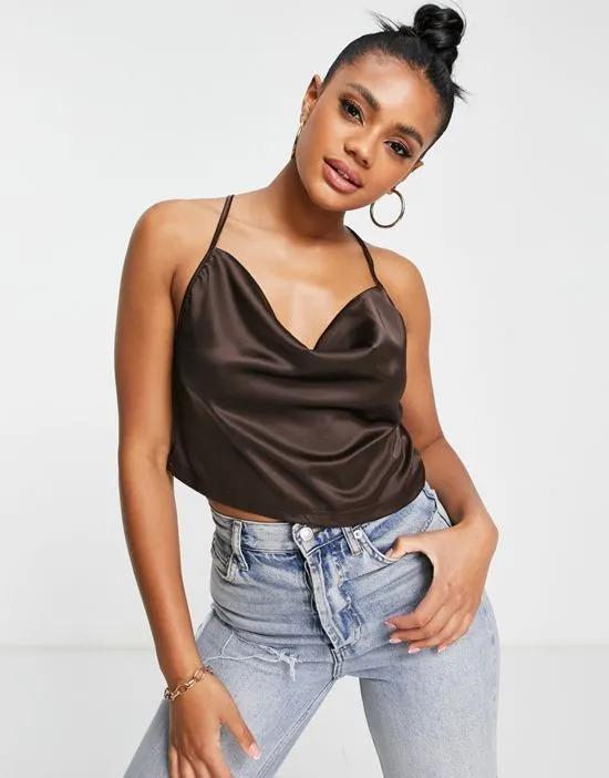satin cami strap top with cowl neck in brown