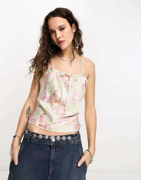 satin cami top with tie front in multi floral print