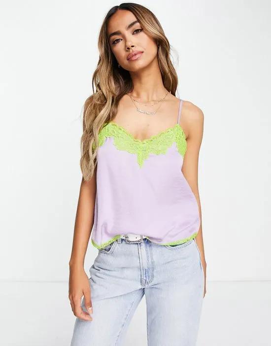 satin cami with contrast lace in lilac & green