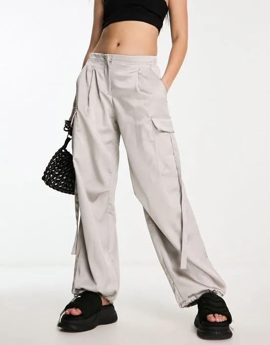 satin cargo pants in pale gray