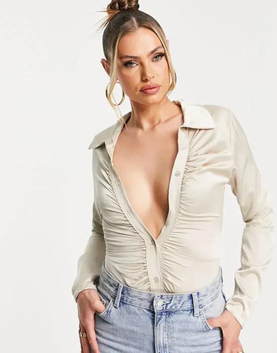 satin collared button up bodysuit in champagne