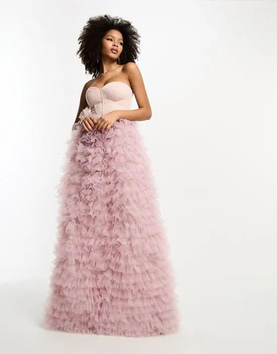 satin corset premium bandeau mesh ruffle maxi dress in dusty pink