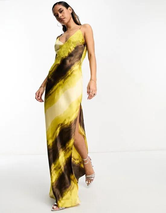 satin cowl back cami maxi dress with lace applique in sunset print