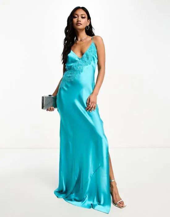 satin cowl back cami maxi dress with lace applique in turquoise