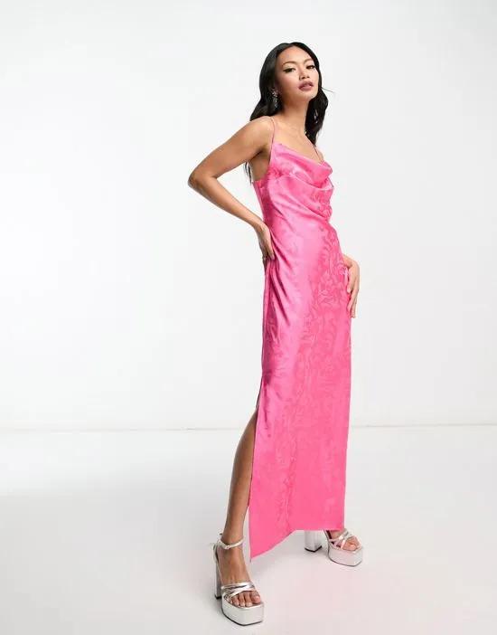 satin cowl front jacquard maxi dress with thigh split in pink
