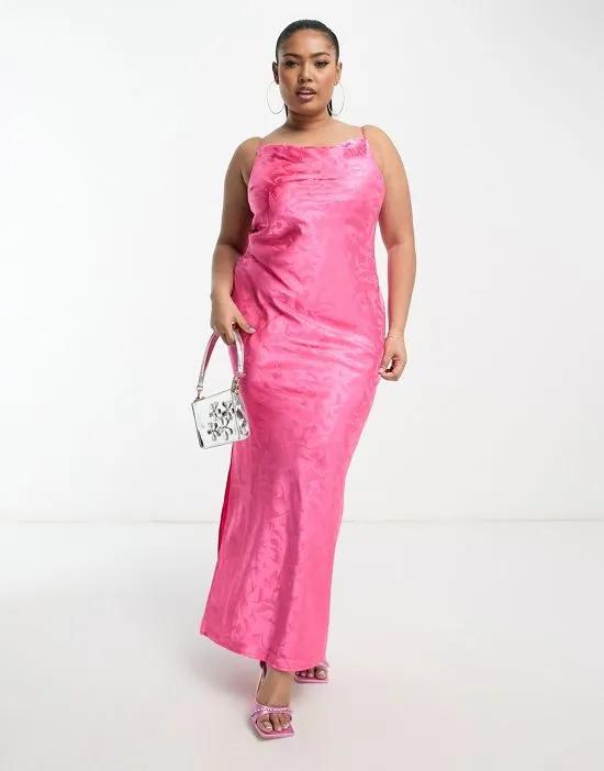 satin cowl front jacquard maxi dress with thigh split in pink