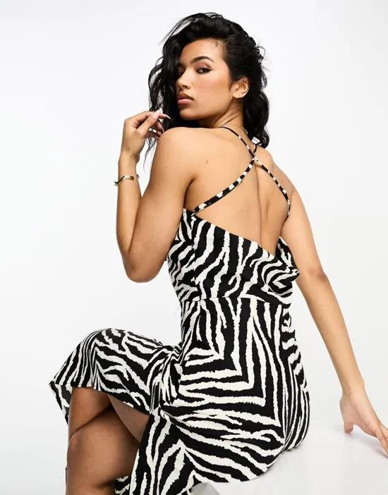 satin cowl front maxi dress with thigh slit in zebra