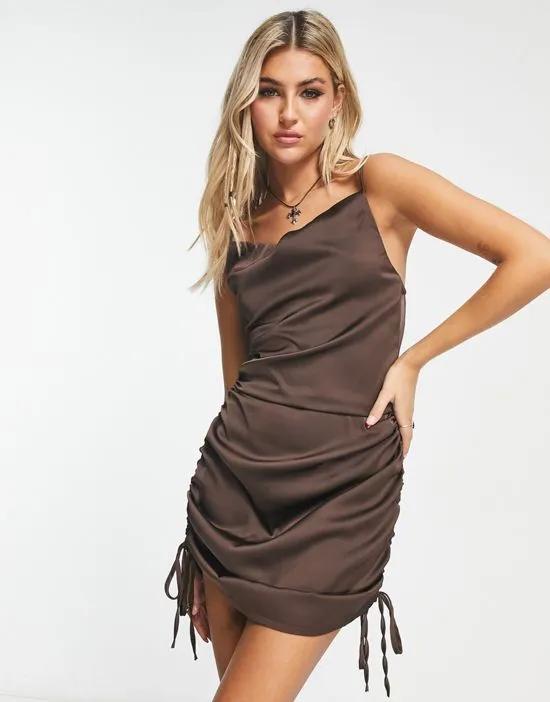 satin cowl front ruched side mini dress in brown