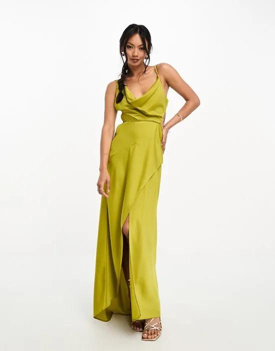 satin cowl midaxi dress with cut out waist and graduated hem in chartreuse