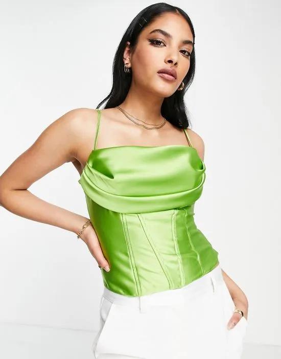 satin cowl neck corset cami with seam detail in jasmine green