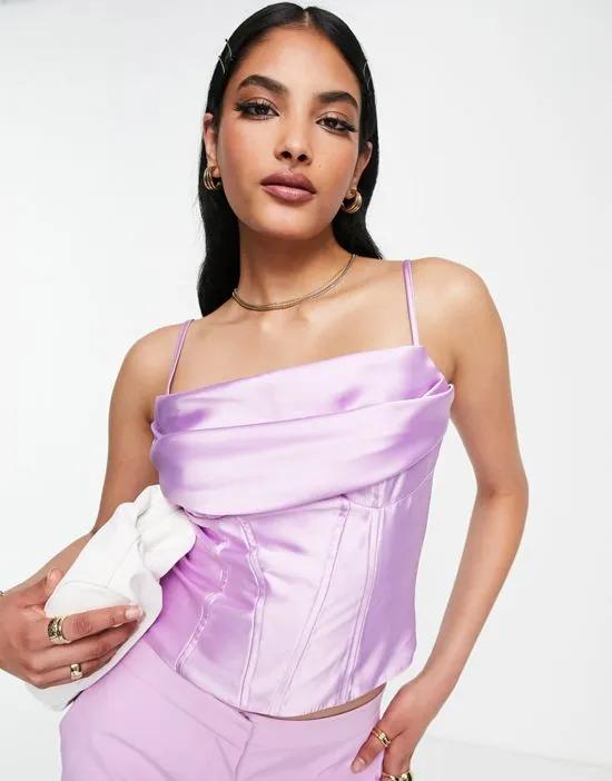 satin cowl neck corset cami with seam detail in lilac