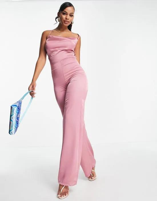 satin cowl neck jumpsuit in dusty pink
