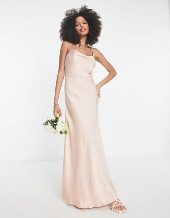 satin cowl neck maxi dress with full skirt in blush