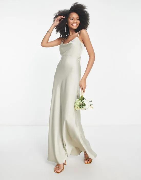 satin cowl neck maxi dress with full skirt in sage green