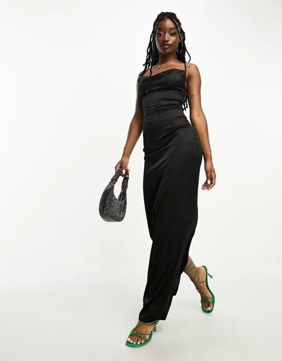 satin cowl neck maxi dress with tie-back detail in black