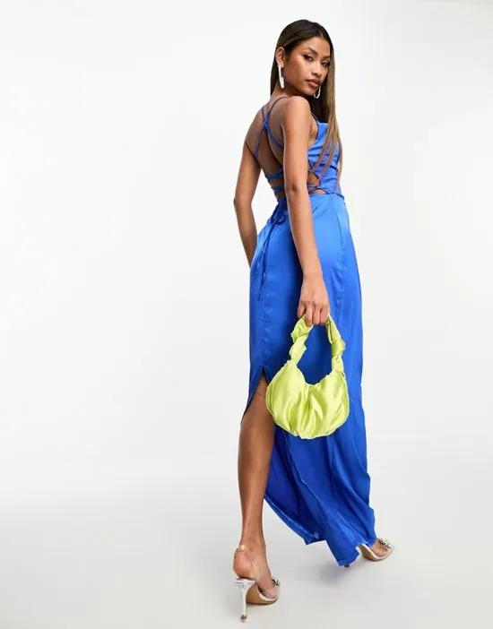 satin cowl neck maxi dress with tie back detail in blue
