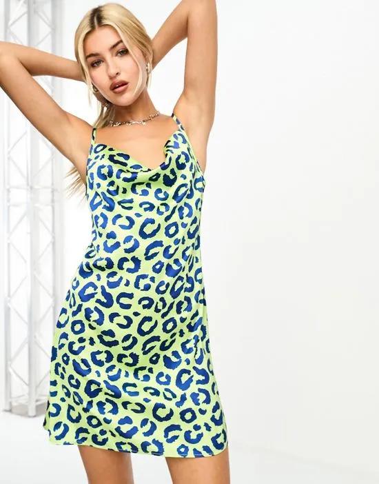 satin cowl neck mini dress in abstract leopard print